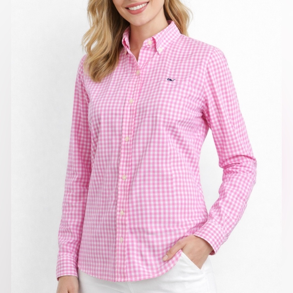 Vineyard Vines Pink White Gingham Button Down Blouse Women’s Size 2